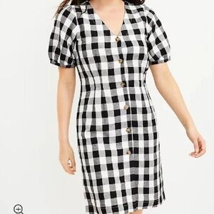 Ann Taylor LOFT Dress Size 2P Linen Blend Short Sleeve Lined Gingham V-Neck